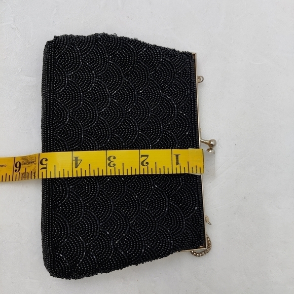 Vintage Beaded Clutch Handbag Pure Black, Satin Lining Chain Pocket Clasp Top - Picture 12 of 16